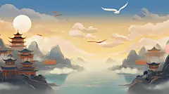 古风国风水墨背景国潮山水仙鹤祥云寺庙风景插画桌面壁纸背景图
