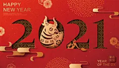 2021年中国牛年剪纸风传统经典复古新年EPS矢量插画贺卡红色背景海报横幅素材