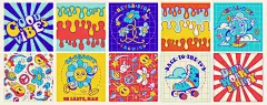 图源免费EPS |70 年代时髦的方形海报、贴纸和无缝图案。带有嬉皮士激励口号的复古印刷。疯狂太阳、滴落表情符号、有趣的和平符号、时髦蘑菇的时髦角色概念。