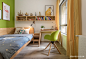 次卧房间墙面选用绿色系，适合休息入眠。原木色的家具，清新自然，整个空间都在追求温馨，舒适。
