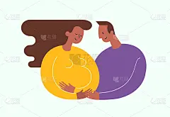 怀孕的非洲裔美国妇女抚摸着自己的肚子。快乐爸爸拥抱她。快乐的母亲和婴儿期望概念。现代的矢量图