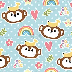 蓝底上挂着香蕉的无缝儿的可爱猴子图案。心、花、叶、彩虹手绘。野生动物性格设计。婴儿服装。 Kawai