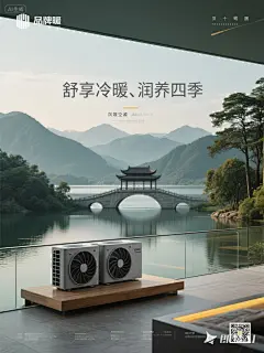 jimeng-2025-09-08-2391-石墨灰双风扇中央空调海报，远山湖泊大场景，机器下面有台面，在画面中间，背景深黑色