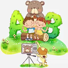 小朋友和小熊照相矢量图 草地 郊游 鲜花 元素 免抠png 设计图片 免费下载 页面网页 平面电商 创意素材