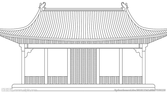中式宫殿庙宇建筑线条矢量图