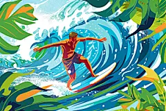 扁平风冲浪夏季戏水插画