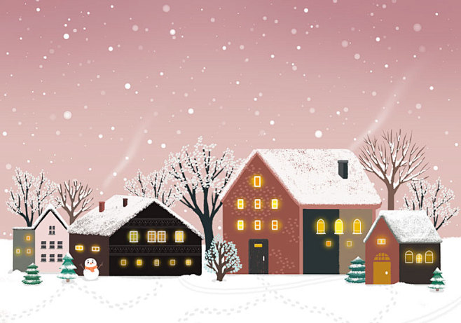 圣诞节下雪天的小房子ps插画素材