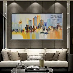 纯手绘抽象城市风景油画 现代简约客厅办公室横款装饰画 厚油定制