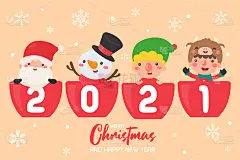 圣诞快乐，2021年新年快乐。卡通人物圣诞老人和孩子们圣诞快乐。