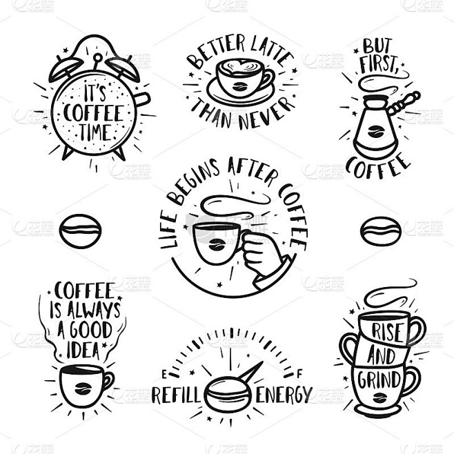 手绘涂鸦风格的咖啡海报集。向量的插图。