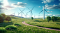 乡村田野新能源风车山顶风力发电机摄影图