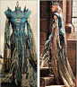 The briefly seen gown in the film, and the costume on display. Even in her most vibrant gown, Ravenna still carries death with her, represented this time by sharp beetle wings.
