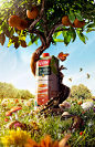 Organic Orange Juice : This image was our idea for illustrating an ideal orange juice, blended with it´s natural resource - the oranges and the nature. We photographed the tree, oranges, juice pack, grass and flowers.Manipula team:Art Direction: Gui Chris