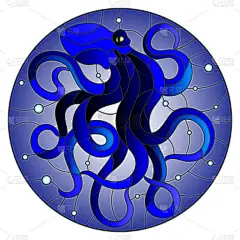 插图在彩色玻璃样式与抽象蓝色章鱼对蓝色海和气泡, 圆的图片