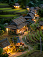 自然田园乡村夜晚房屋建筑稻田弯曲小路河流微型世界场景海报midjourney关键词咒语