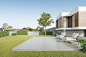 3d rendering of luxury house with large wood deck and lawn yard