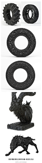 雕刻时光----比利时新概念艺术家Wim Delvoye的“轮胎”系列。该系列艺术家利用废旧轮胎，用手工雕刻出复杂的花纹，很是精妙。 材料的运用也很让人耳目一新。


