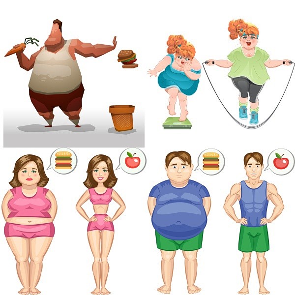 可爱卡通胖子和瘦子体型健康饮食健身运动对比图eps矢量源文件淘宝网