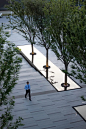 This may contain: a man walking down a sidewalk next to tall trees and water features on both sides