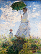 莫奈 油画 《撑阳伞的女人》 柔和浅蓝的基调，耀眼的白云，飘逸的裙袂，亲切地感受到阳光、清风，荡漾着宁静和谐、温馨自在的情趣。