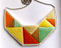 Embroidered jewelry bib necklace in mint bright yellows tan and orange geometric design