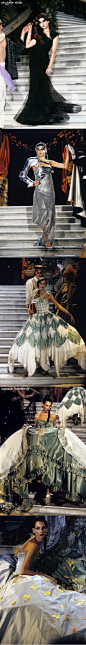 Christian Dior 1998 春夏高定
这场高定秀应该算是John Galliano办得最奢华的一次了。秀场在巴黎Garnier歌剧院，所有的服装都像是从20世纪初期的沙龙或者舞会里走出来的：露背的天鹅绒礼服、带着“新艺术”时期的花纹，貂皮制成的歌剧式外套，蕾丝紧身裙，撒满玫瑰花纹的礼帽。
结尾更有从天上飞下来的蝴蝶形五彩纸屑，场面华丽非凡，浓墨重彩，充满油画感
