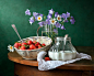 Rustic Photograph - Strawberry, Milk And Garden Flowers by Nikolay Panov