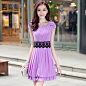 卡洛莱夏季女裙短袖新款2014韩版修身雪纺中长款夏天连衣裙紫色湲