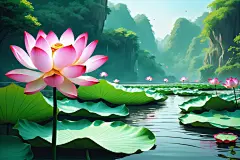 湖面花瓣莲叶荷花荷叶插画图片