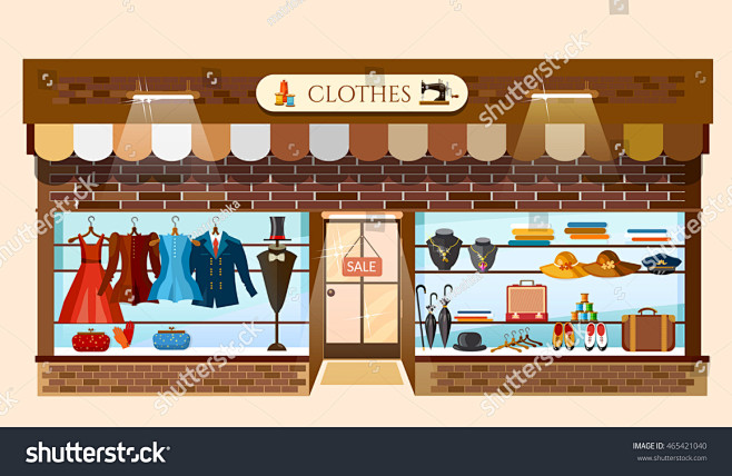 服装店展示时装店室内卡通矢量插画