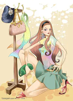 手绘拿着绿色钱包蹲在衣架下的潮流性感美女