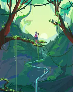 绿色调！12 张小清新风景插画