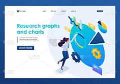 正在工作中的年轻女孩，图解研究和图表。3D等距。登陆页面概念和网页设计