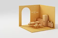一套黄色家具模拟和等距墙3d渲染插画图片