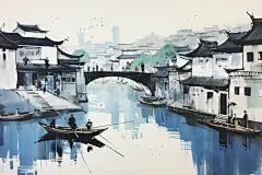 水墨江南水乡插画绘画