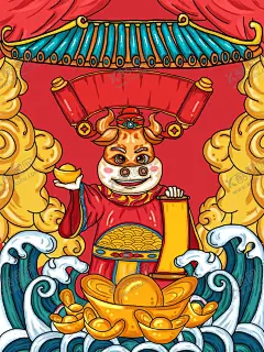牛年插画 【酷图网】牛年,牛,新年,国潮,插画,元宝,祥云,中国风