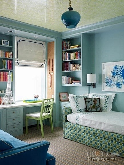 蓝色卧室书房书柜吊顶装修设计