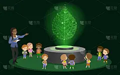 创新教育学校幼儿园非洲棕色皮肤黑色头发群孩子全息图在未来博物馆中心。矢量插图。3d绿叶多边形儿童瞳孔