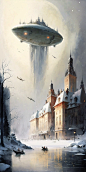 huge alien space ship hovering over a glacial stockholm old town by Thomas Schaller and anreas rocha and hal foster