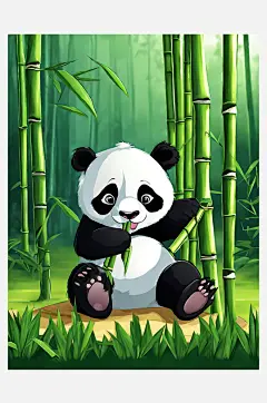 卡通风正在吃竹子的熊猫AI数字艺术-众图网