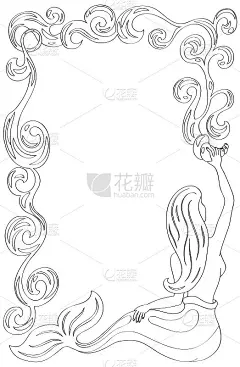 美人鱼框架与水流。美人鱼着色页面。黑线矢量插图为成人或青少年着色