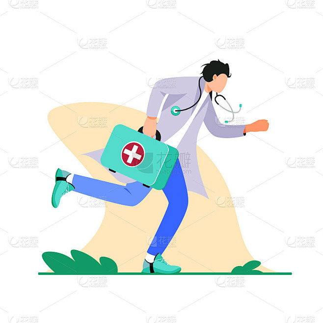 急救人员与急救箱跑到救援平面卡通插图。