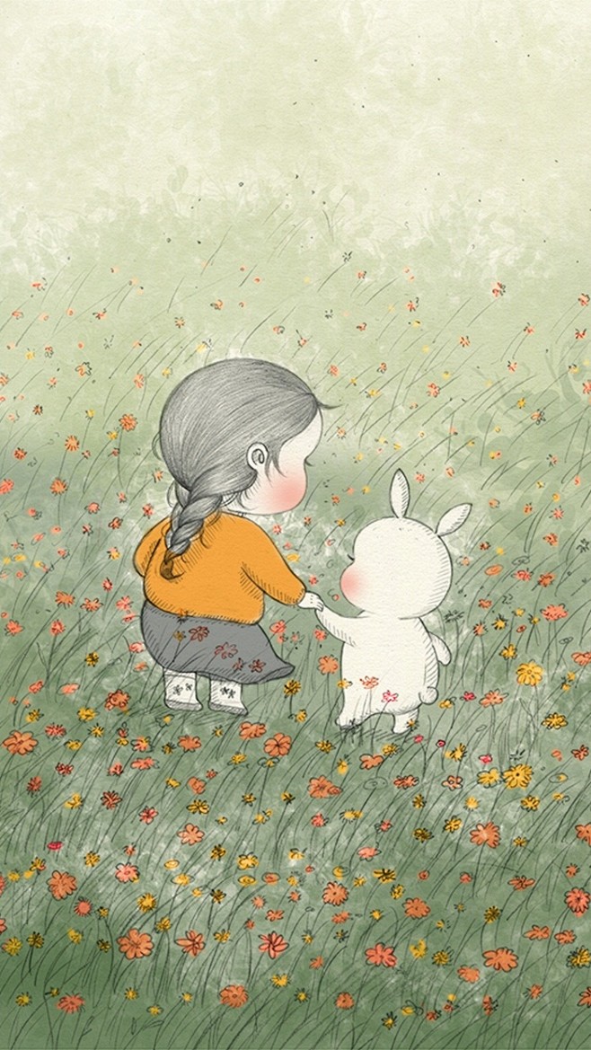 女孩与兔子插画#壁纸#