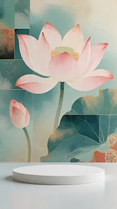 展台，场景素材，电商背景，国风，敦煌画风，荷花，竖屏，zxs (6)