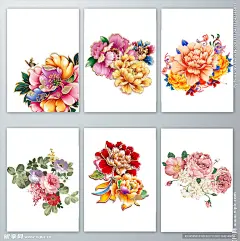 手绘描金国庆牡丹花素材