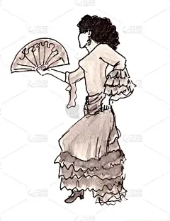 西班牙女子用扇子跳舞弗拉门戈黑白墨画