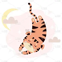 在天空、月亮和云彩的背景下，可爱的熟睡的老虎。矢量插图。儿童收藏在斯堪的纳维亚风格的设计，装饰，卡片