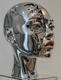 Masterpiece by Hajime Sorayama, front view, a women's head, one face seperate in two parts, left face looks high technology, right face looks artistic, cinematic lighting, ultra details, best quality
