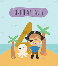 生日聚会，贺卡，聚会邀请。孩子插图与小海盗和题字四。矢量插图在卡通风格。