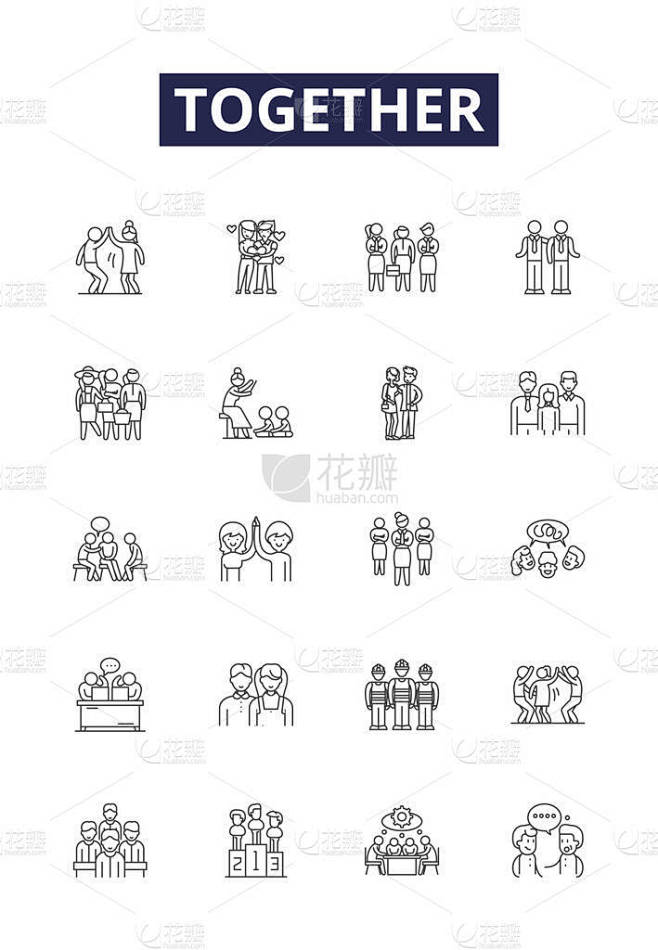 线形矢量图标和符号一起。统一、和谐、统一、合作、联合、可伙伴、联合、团结、矢量图集